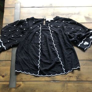 LOFT Black Blouse with embroidered White Accents small